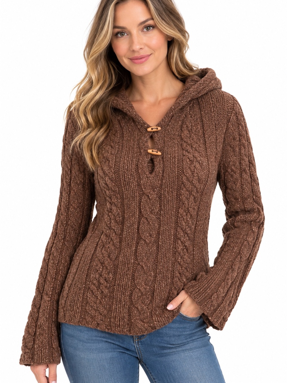 American Eagle Outfitters Y2K Brown Cable Knit Hooded Sweater 100% Lambs Wool